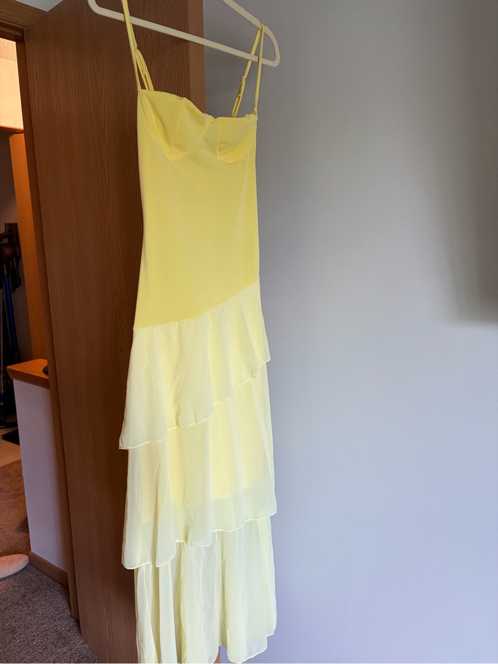 Lemon Tiered Ruffle Maxi Dress with Spaghetti Straps